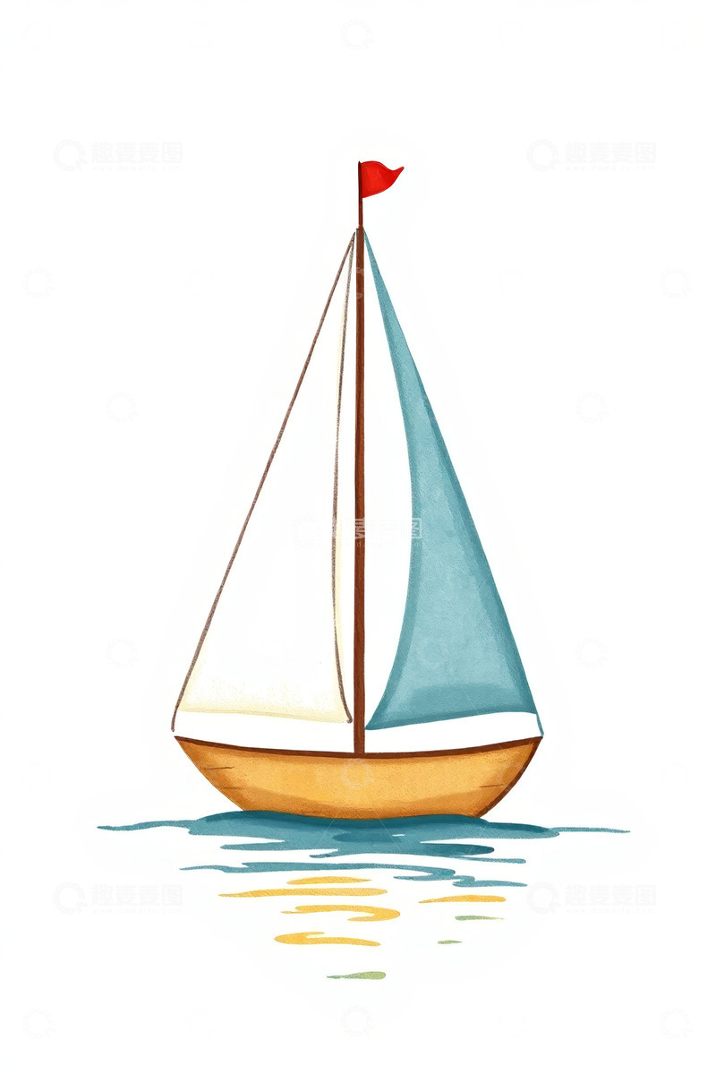 高清大图下载【趣麦麦图】水彩风格帆船在水面航行