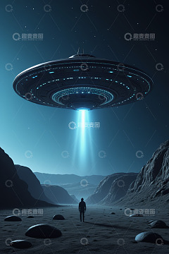 人在荒野面对悬浮的宇宙飞船