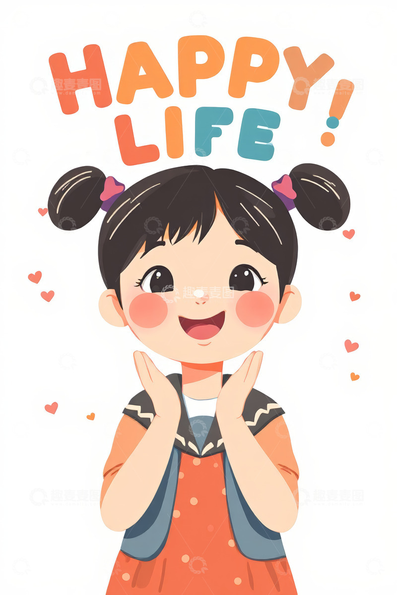 高清大图下载【趣麦麦图】快乐女孩双手托腮卡通形象