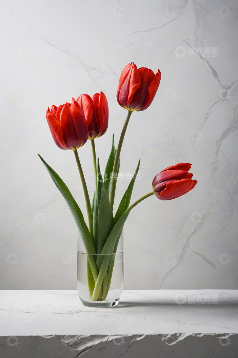 高清大图下载【趣麦麦图】玻璃花瓶中的红色郁金香