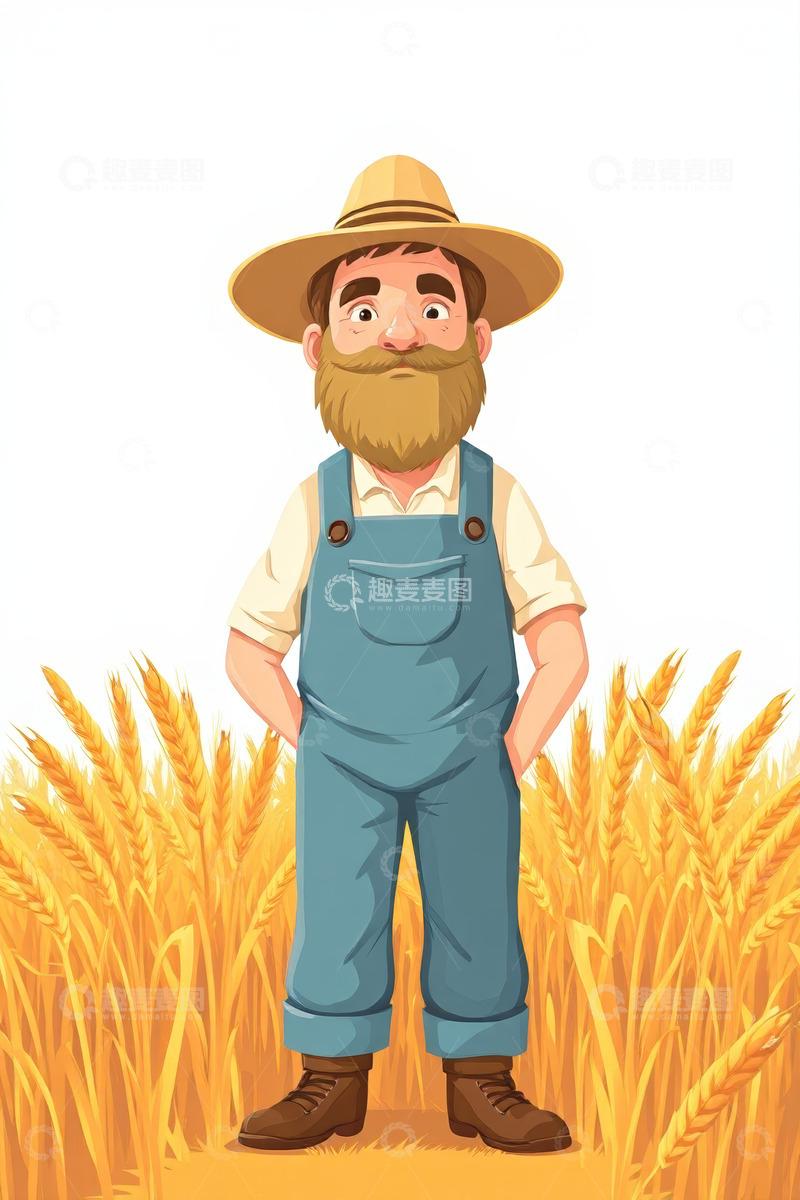 高清大图下载【趣麦麦图】麦田中站立的农民插画