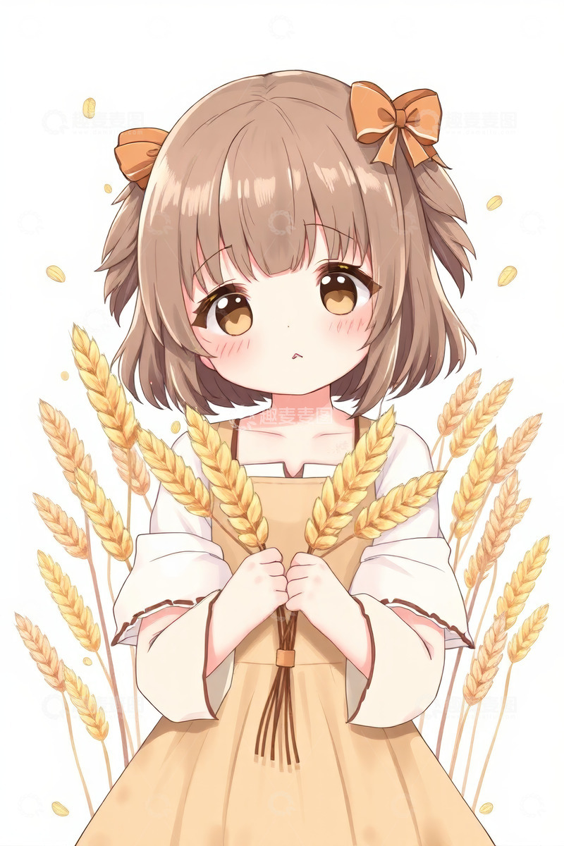 高清大图下载【趣麦麦图】手持麦穗的卡通女孩形象