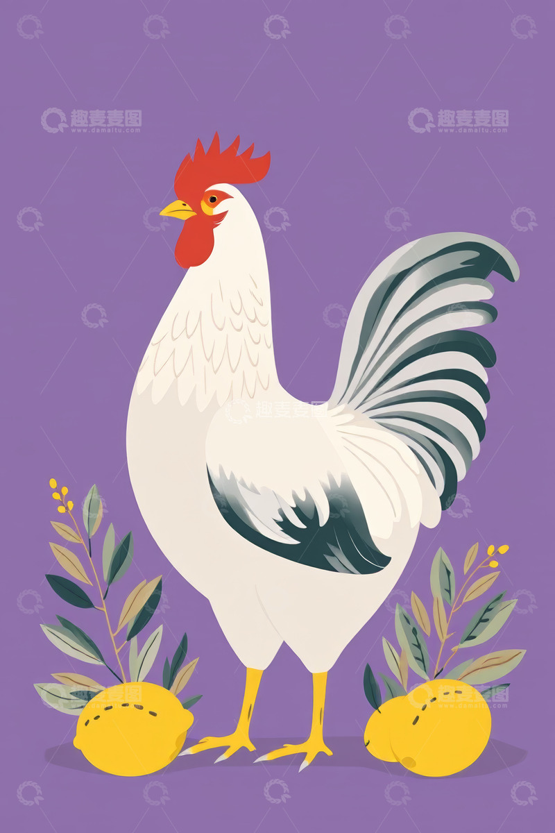 高清大图下载【趣麦麦图】紫色背景卡通公鸡插画素材