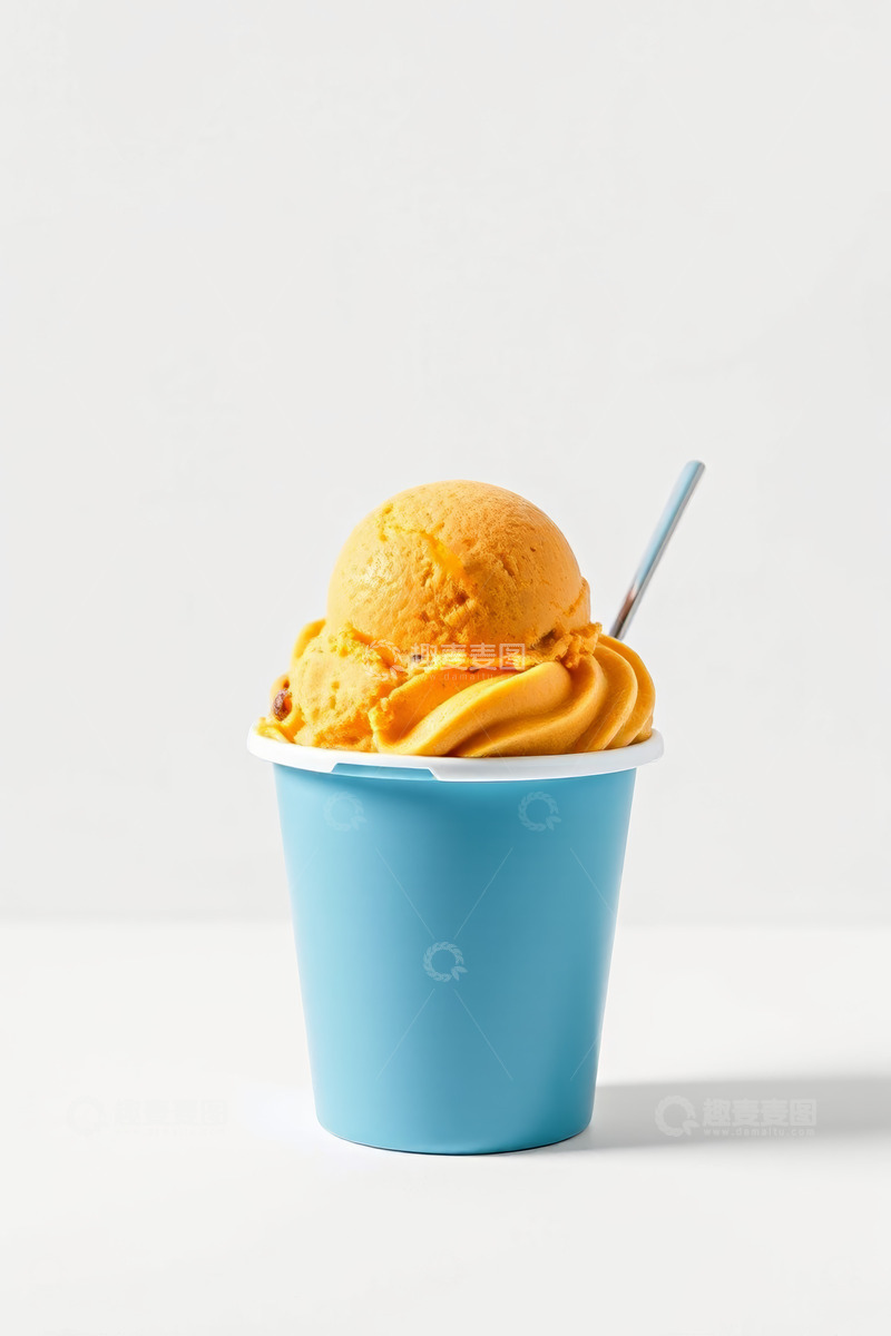 高清大图下载【趣麦麦图】蓝色纸杯装的美味芒果冰淇淋