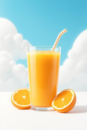 蓝天白云下的一杯鲜橙汁