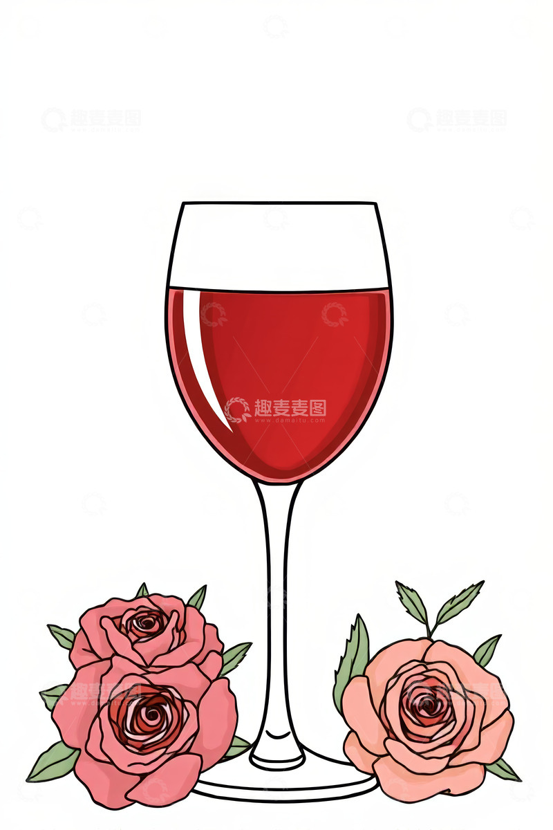 高清大图下载【趣麦麦图】插画风红酒杯与玫瑰花