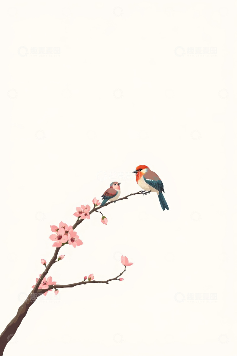 高清大图下载【趣麦麦图】花卉枝头双鸟栖息场景