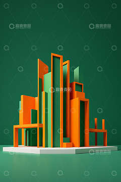 绿色背景橙色立体建筑模型