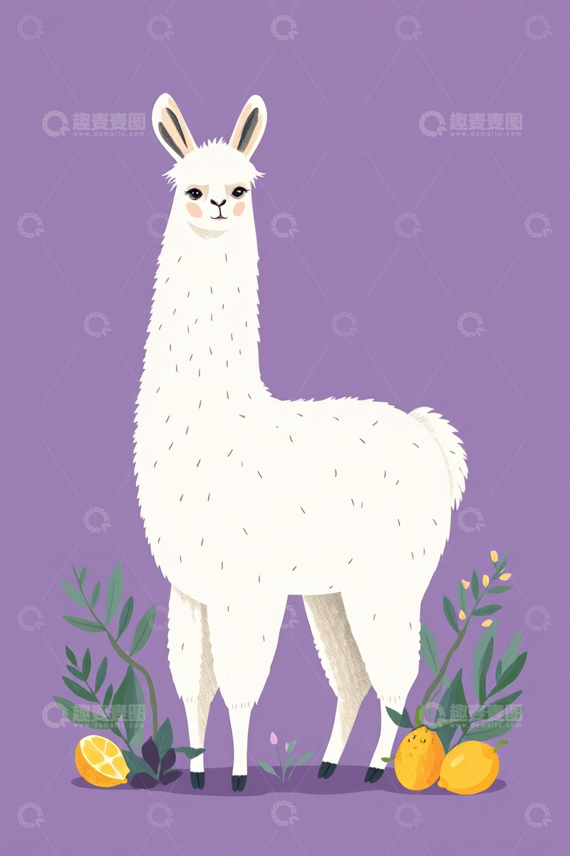 高清大图下载【趣麦麦图】紫色背景的卡通羊驼插画