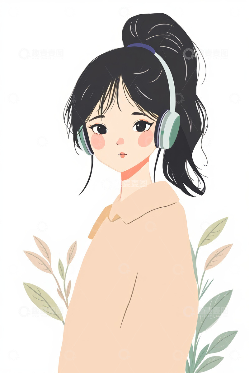 高清大图下载【趣麦麦图】戴耳机的少女插画