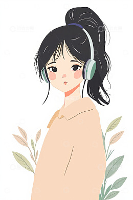 戴耳机的少女插画