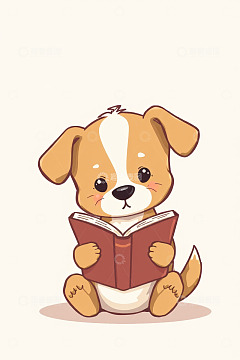 卡通小狗读书插画