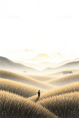 一人漫步于田野间远景