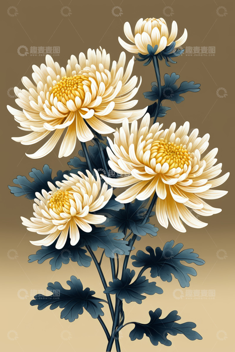 高清大图下载【趣麦麦图】黄色菊花花卉插画素材