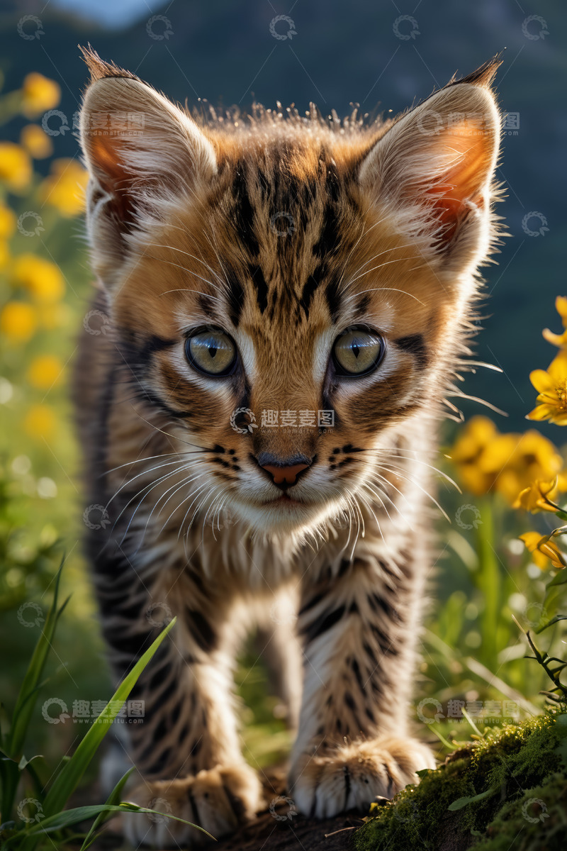 高清大图下载【趣麦麦图】野外小花丛中的小猫