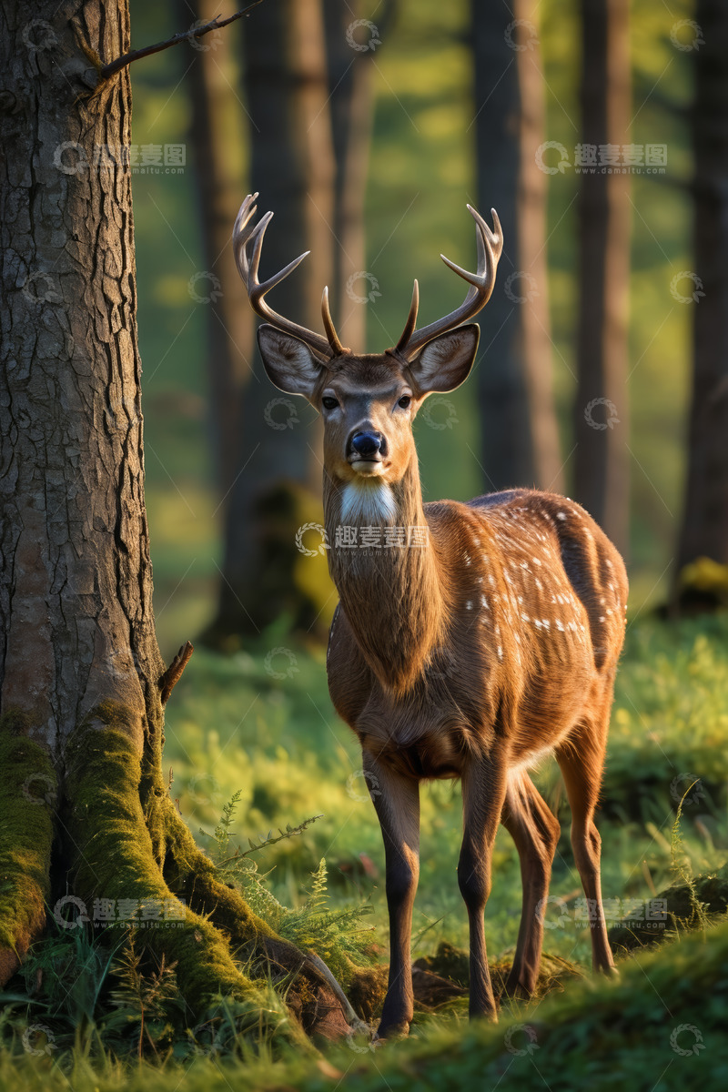 高清大图下载【趣麦麦图】森林中站立的带角梅花鹿