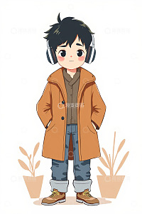 戴耳机穿风衣的卡通男孩形象