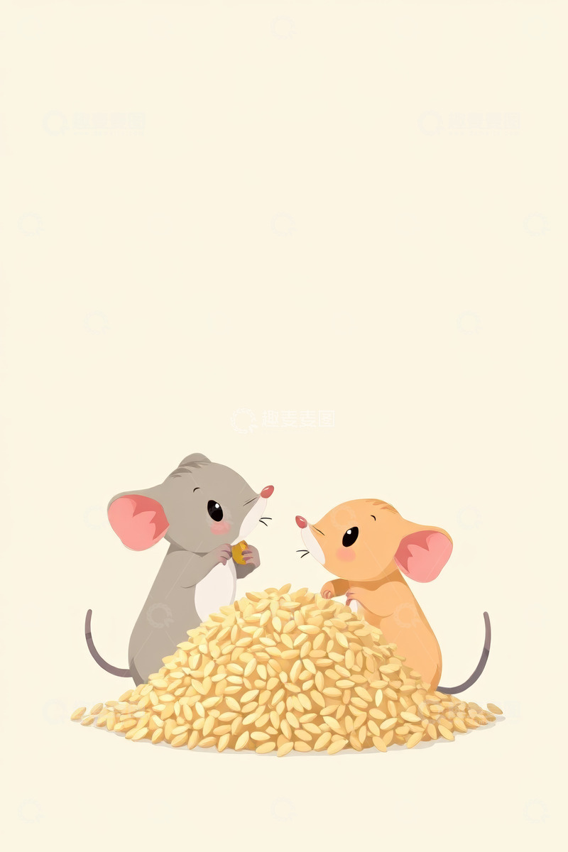 高清大图下载【趣麦麦图】两只老鼠围绕谷物堆互动场景