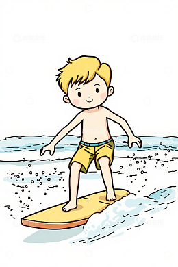 小男孩在海上冲浪画面
