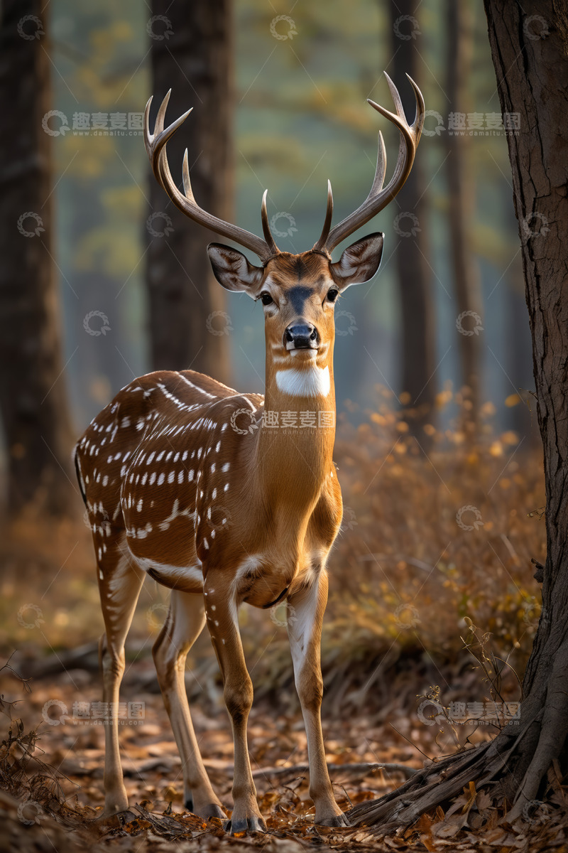高清大图下载【趣麦麦图】森林中站立的带斑点雄鹿