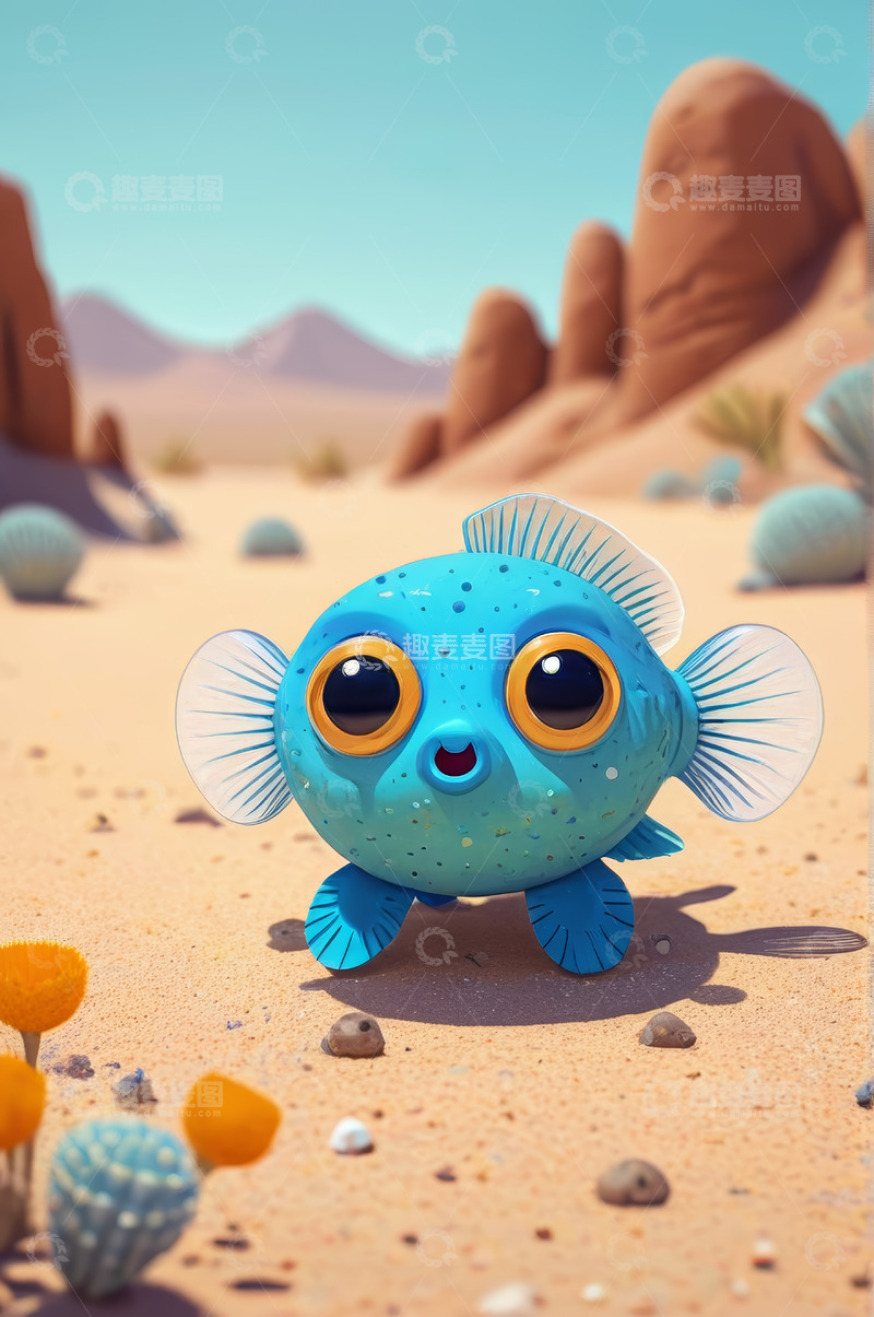 高清大图下载【趣麦麦图】沙漠中的蓝色动画小鱼