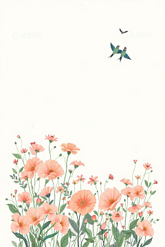 花卉与飞鸟的插画背景