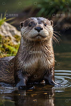 水中站立的水獭特写