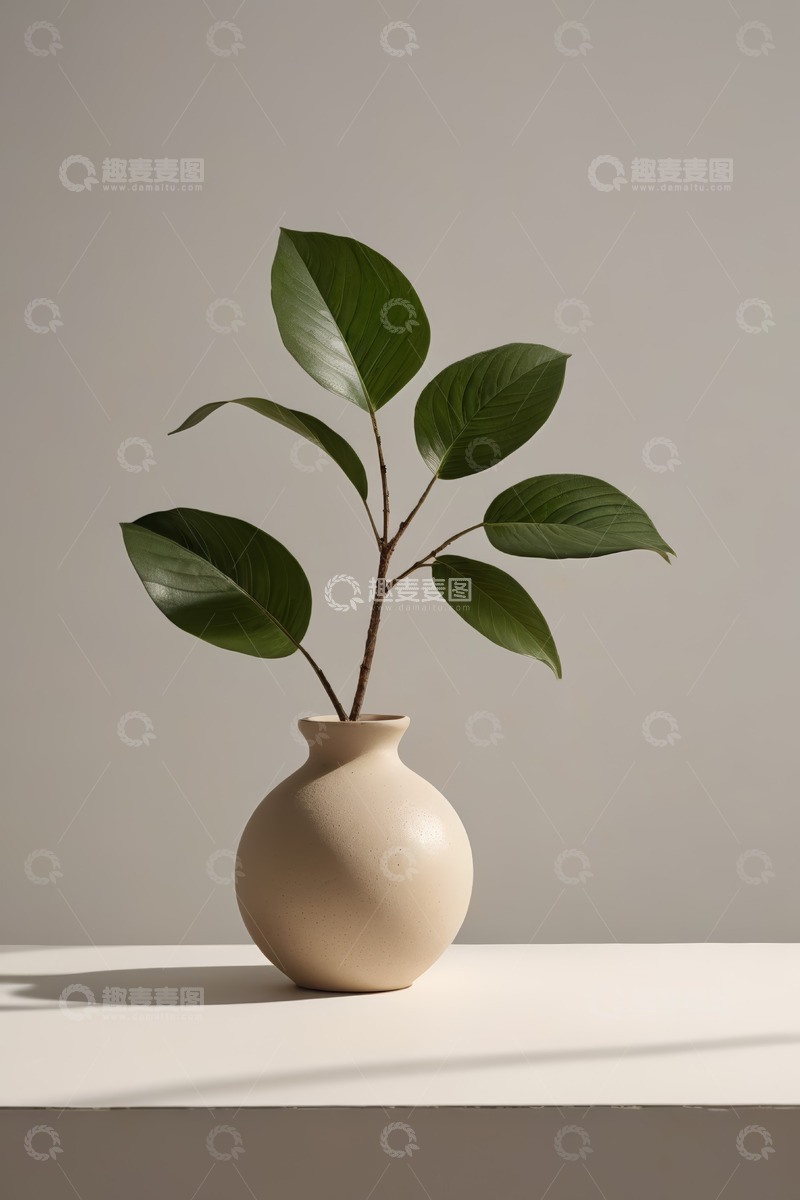 高清大图下载【趣麦麦图】米色花瓶插绿植静物