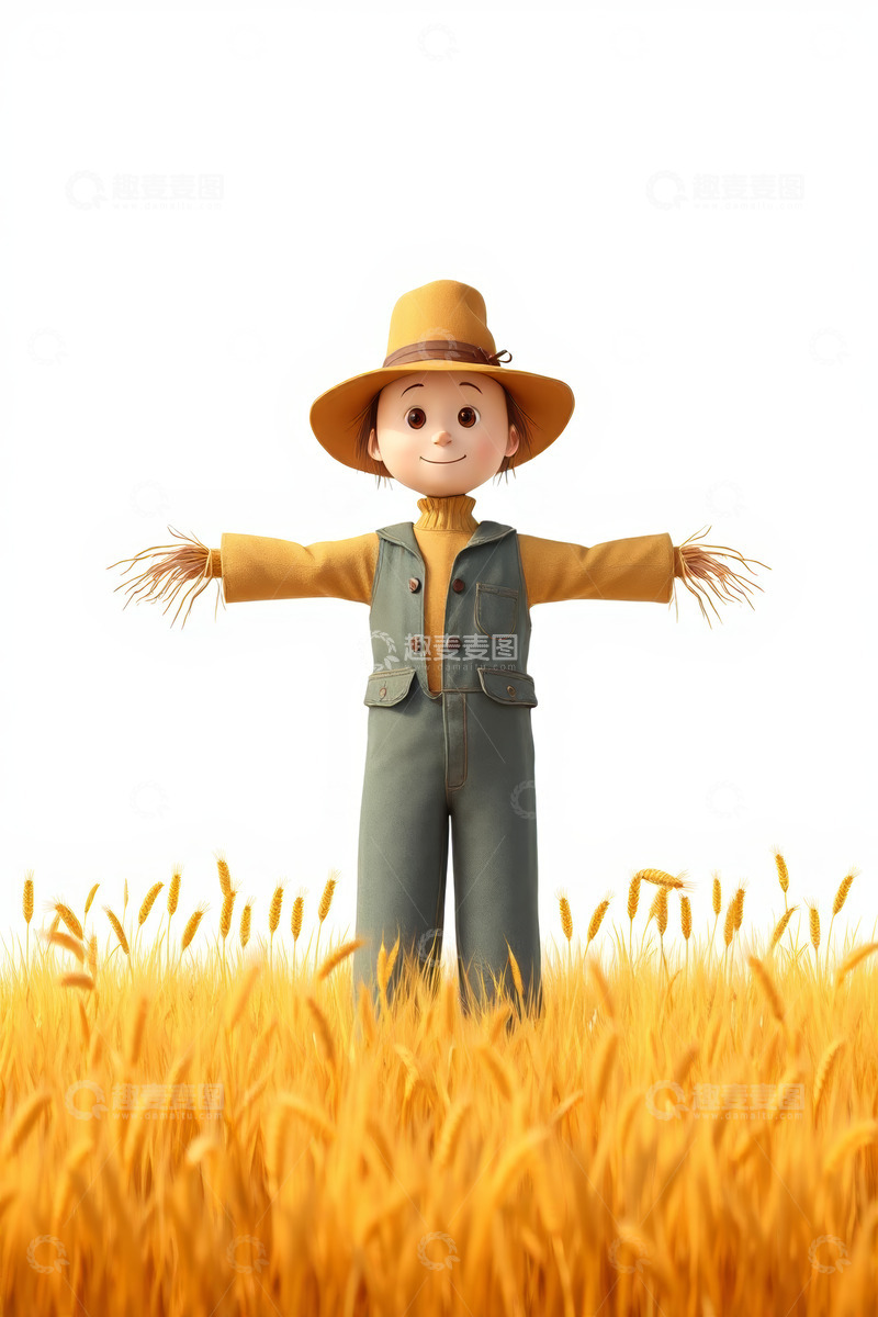 高清大图下载【趣麦麦图】麦田中的卡通稻草人形象