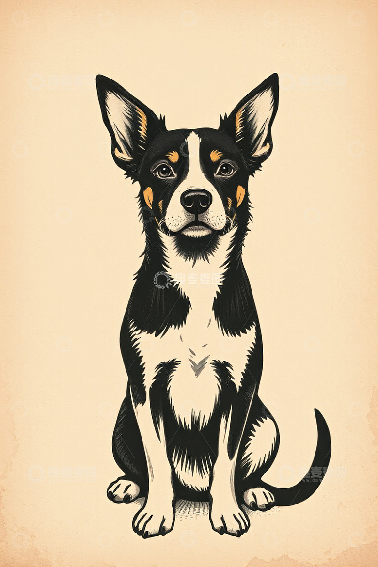 坐立的三色犬插画