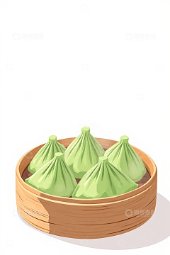 竹蒸笼中的绿色蒸包