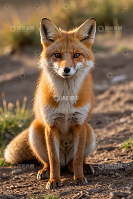坐姿特写的野生红狐狸