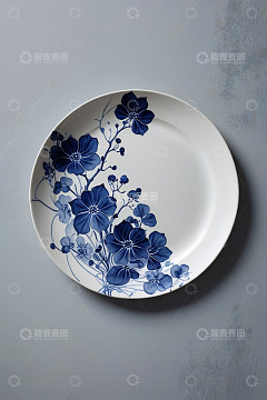 蓝白花卉图案陶瓷餐盘