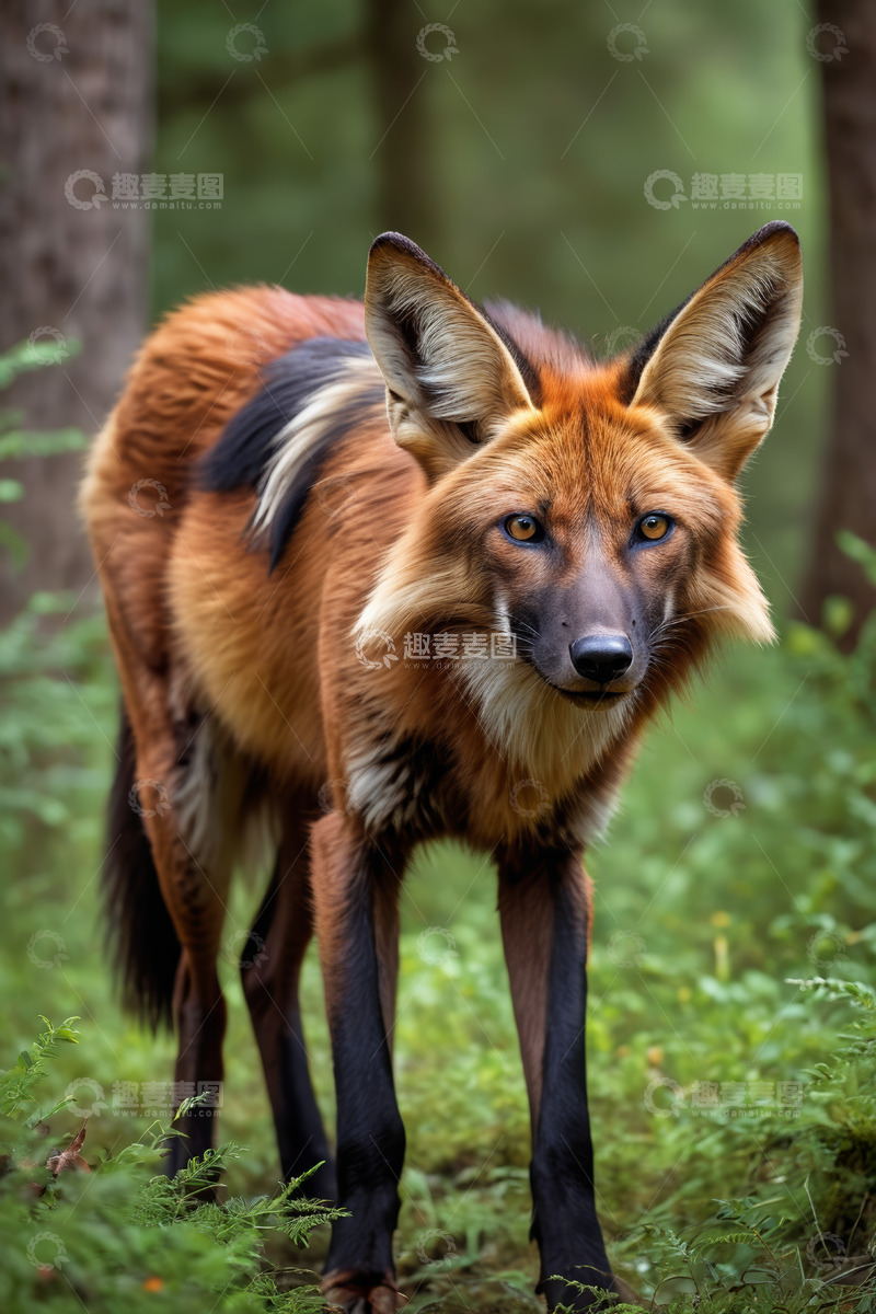 高清大图下载【趣麦麦图】森林中站立的野生鬃狼