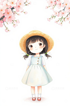 戴草帽的小女孩与樱花插画