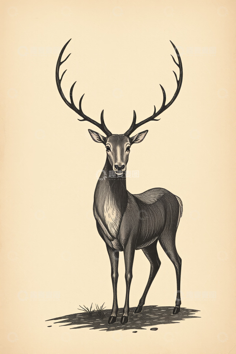 高清大图下载【趣麦麦图】站立的鹿复古风格插画素材
