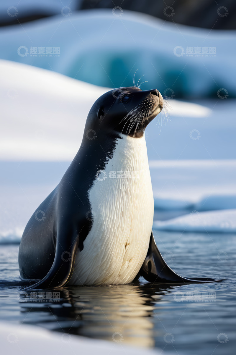 高清大图下载【趣麦麦图】冰面上海豹抬头的自然景象