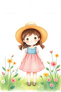 戴草帽穿花裙的小女孩
