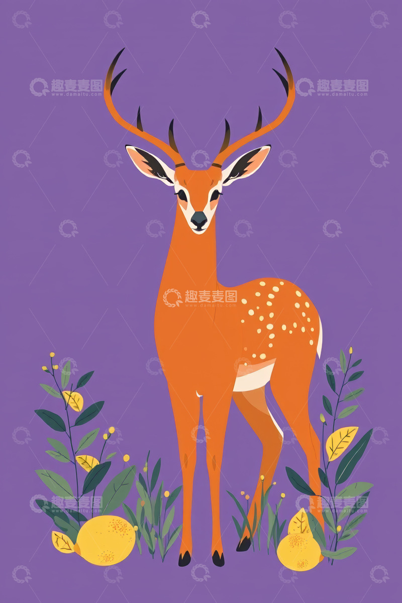 高清大图下载【趣麦麦图】紫色背景上的橙色小鹿插画