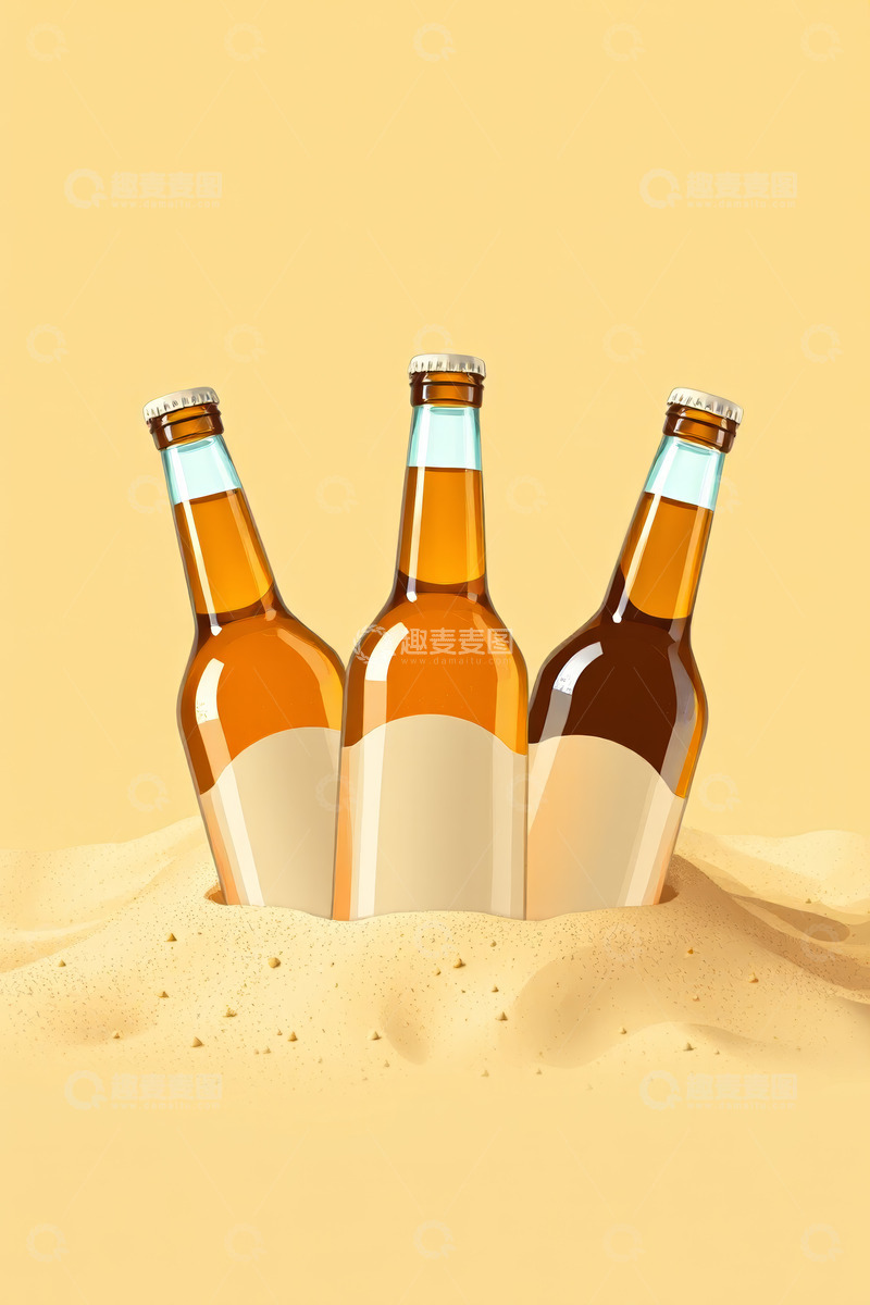 高清大图下载【趣麦麦图】沙滩上的三瓶啤酒