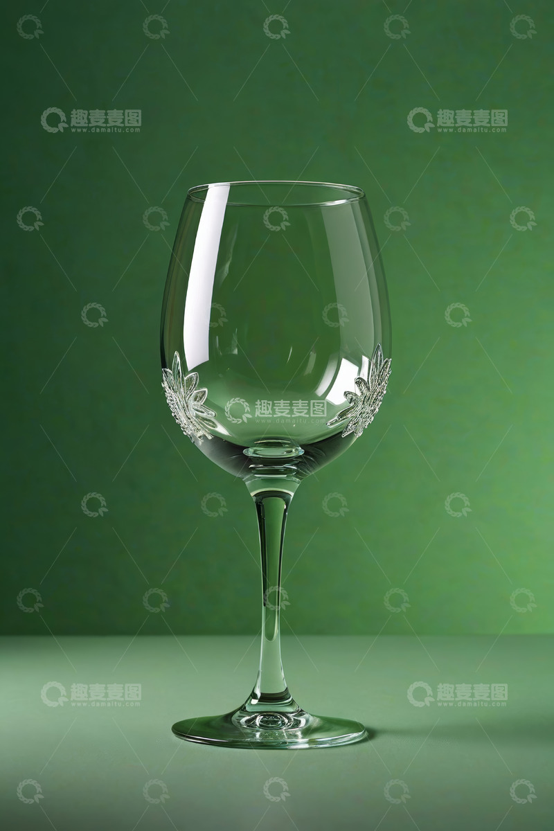 高清大图下载【趣麦麦图】绿色背景下的雕花玻璃高脚杯