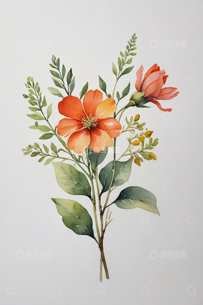 高清大图下载【趣麦麦图】水彩风格橙色花卉插画