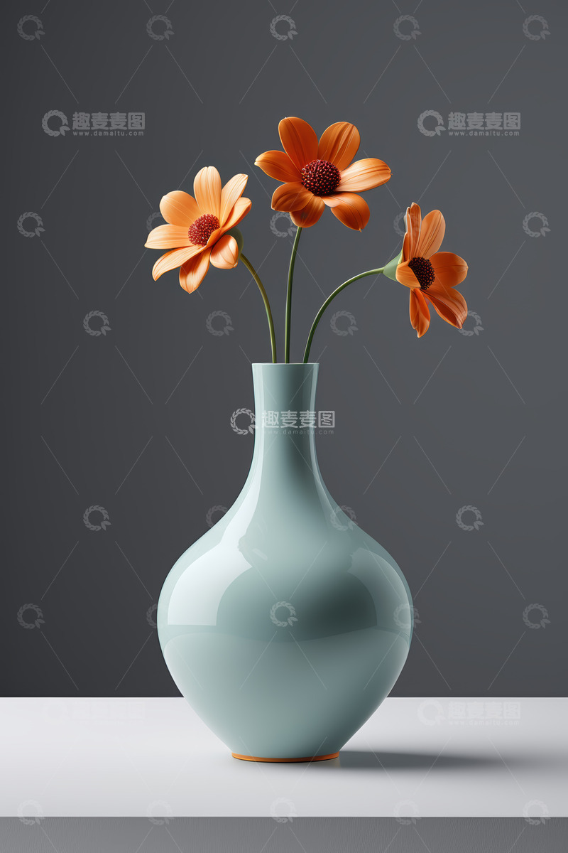 高清大图下载【趣麦麦图】淡蓝色花瓶插橙色花朵