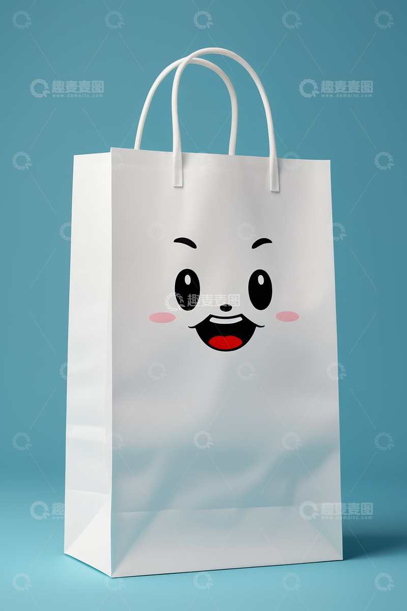 高清大图下载【趣麦麦图】带卡通笑脸的白色购物袋