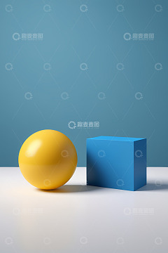 蓝色背景下的黄色圆球与蓝色方块