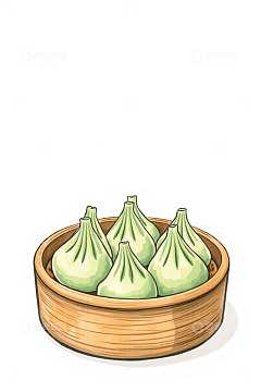 竹制蒸笼里的绿色小笼包