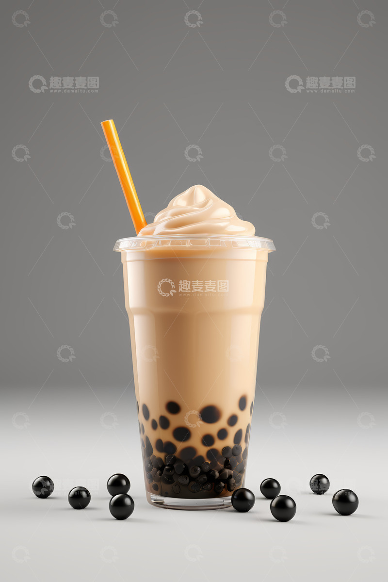 高清大图下载【趣麦麦图】透明杯装珍珠奶茶配奶油顶