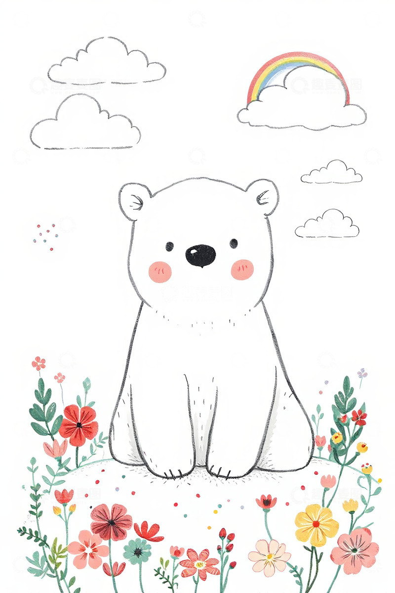 高清大图下载【趣麦麦图】卡通北极熊坐于花丛中