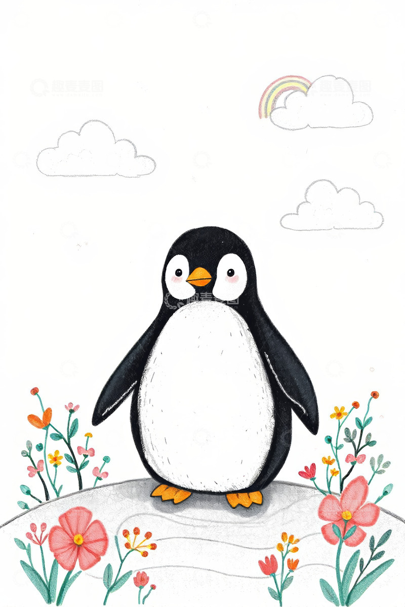 高清大图下载【趣麦麦图】卡通企鹅站在花丛中