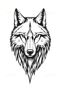 狼头部黑白线条插画